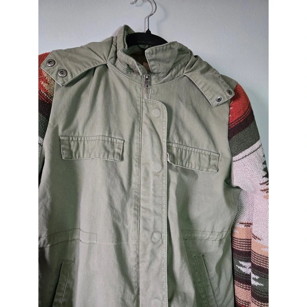 Thread‎ & Supply Olive Utility Jacket Aztec Knit Sleeves Hooded XS